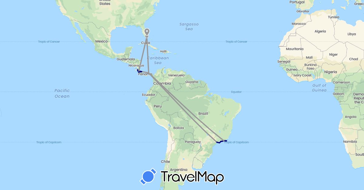 TravelMap itinerary: driving, plane in Brazil, Costa Rica, Panama, United States (North America, South America)